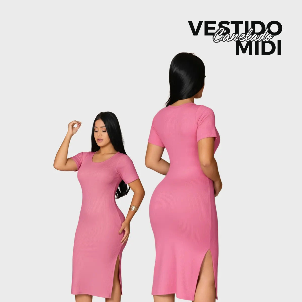 Vestido Canelado Midi Com Manga e Fenda Lateral Casual Básico