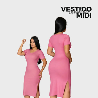 Vestido Canelado Midi Com Manga e Fenda Lateral Casual Básico