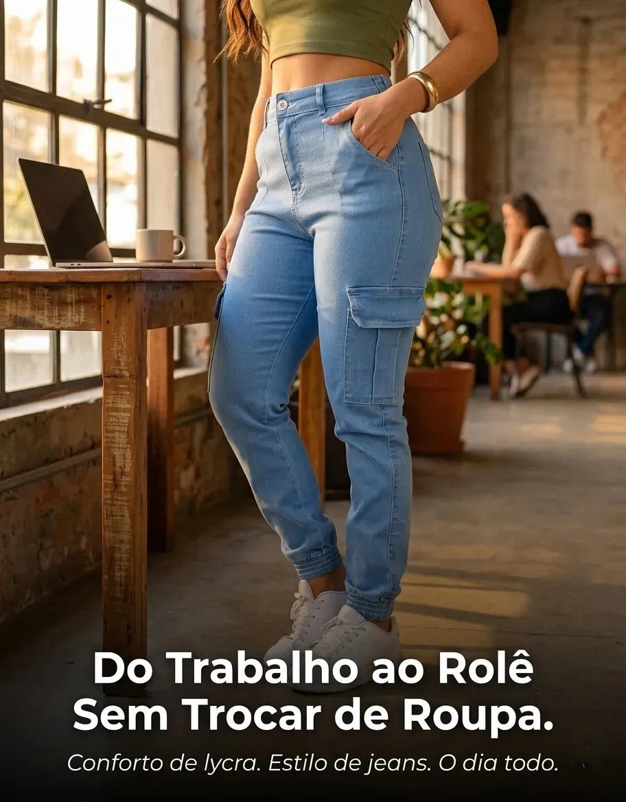 Calça Cargo Jogger Jeans Feminina Cintura Alta Com Lycra
