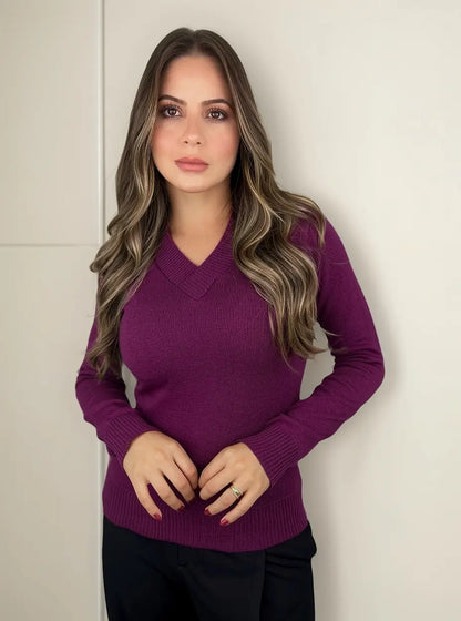 Blusa Trico Basica De Frio Feminina Decote V Manga Longa