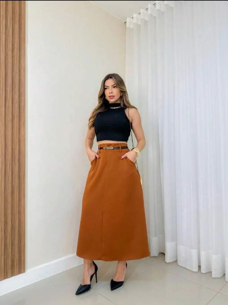 Saia Feminina Longa Com Cinto Alfaiataria Com Bolso