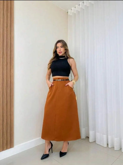 Saia Feminina Longa Com Cinto Alfaiataria Com Bolso