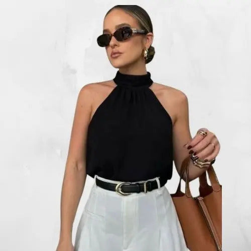 Blusa Feminina Regata Gola Alta Plissada Elegante