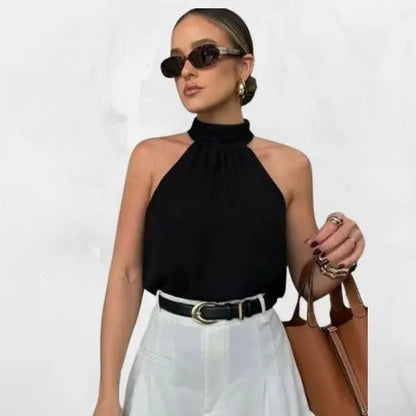 Blusa Feminina Regata Gola Alta Plissada Elegante
