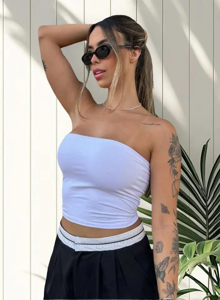 Cropped Tubo Top Tubinho Suplex Duplo Azul Royal Marrom