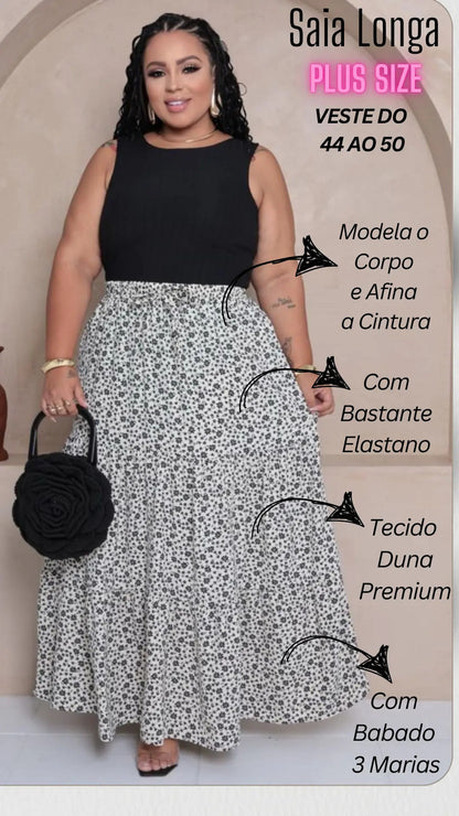 Saia Longa Com Babado Estica Bastante Veste 44 - 52 Elegante
