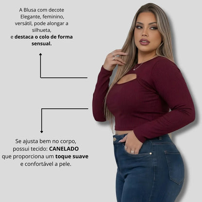 Cropped Feminino Plus Size Manga Longa Com Decote