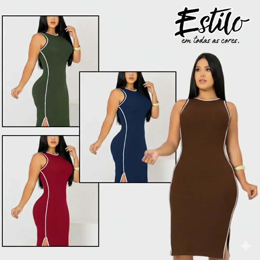 Vestido Midi Canelado Premium Regata Casual Básico Modelador
