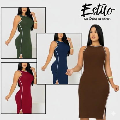 Vestido Midi Canelado Premium Regata Casual Básico Modelador
