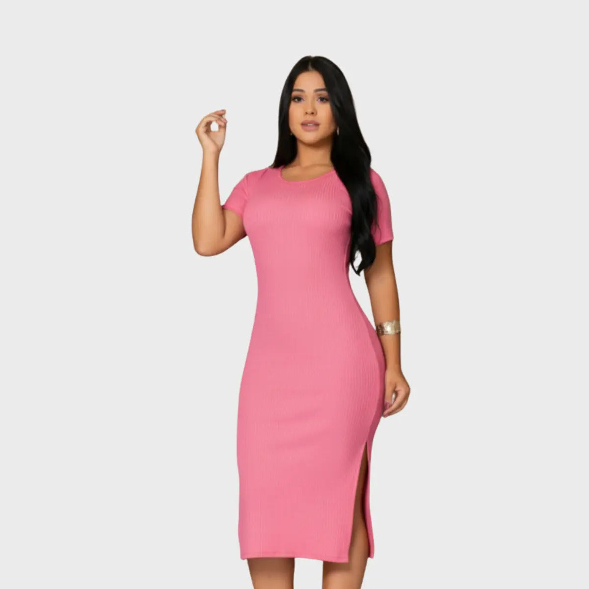 Vestido Canelado Midi Com Manga e Fenda Lateral Casual Básico