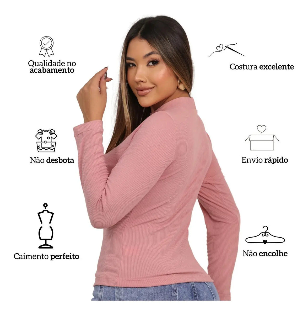 Blusa Feminina Canelada Gola Alta Manga Comprida Cacharrel