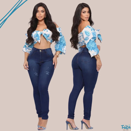 Calça Preta Jeans Feminina Com Elastano Cintura Alta Skinny