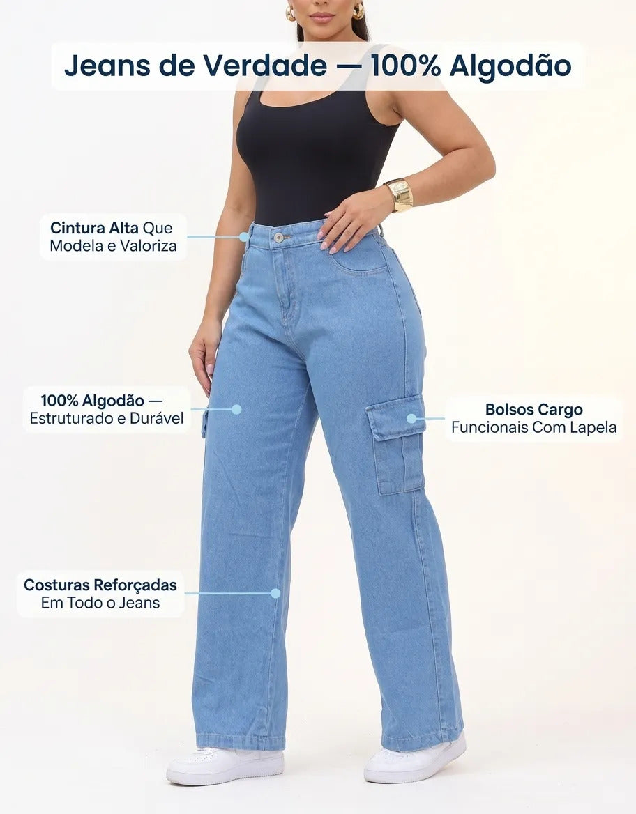 Calça Cargo Feminina Wide Leg Cintura Alta Jeans  Stillger