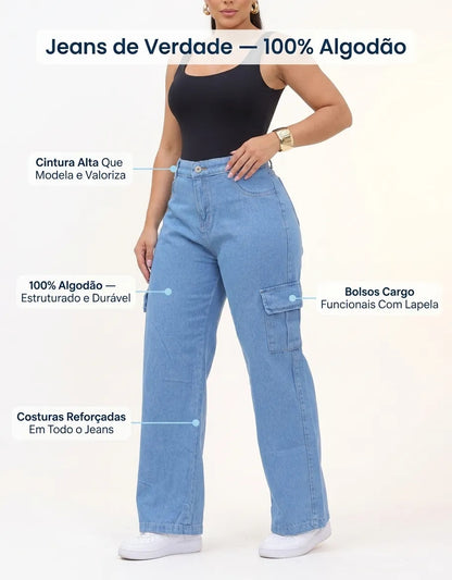 Calça Cargo Feminina Wide Leg Cintura Alta Jeans  Stillger