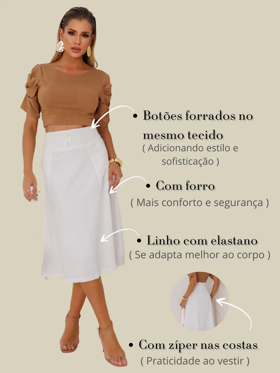 Saia Midi De Linho Elegante Com Botões Encapados