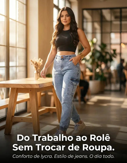 Calça Cargo Jogger Jeans Feminina Cintura Alta Com Lycra