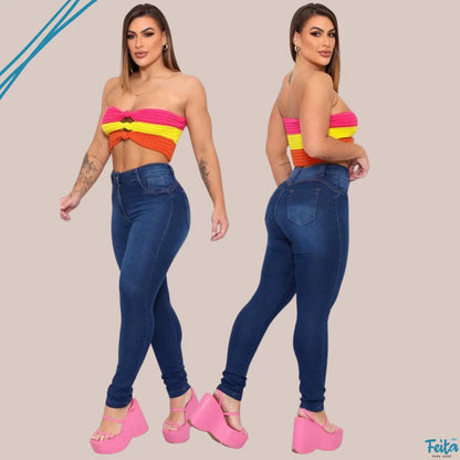 Calça Preta Jeans Feminina Com Elastano Cintura Alta Skinny