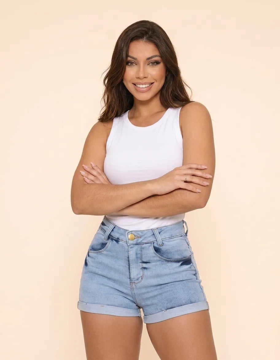 Short Jeans Feminino Cintura Alta C/ Lycra Hot Pant Stillger