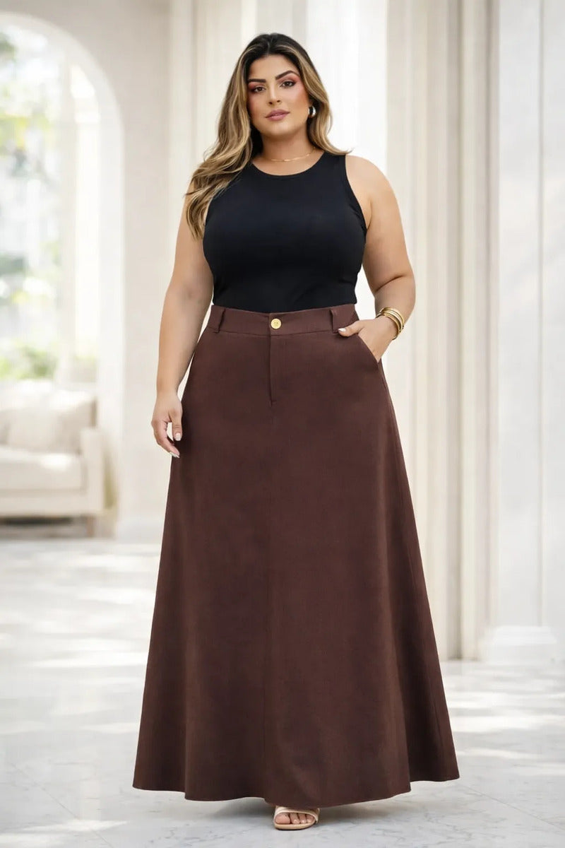 Saia Alfaiataria Plus Size Rodada Evasê Cós Alto Evangélica