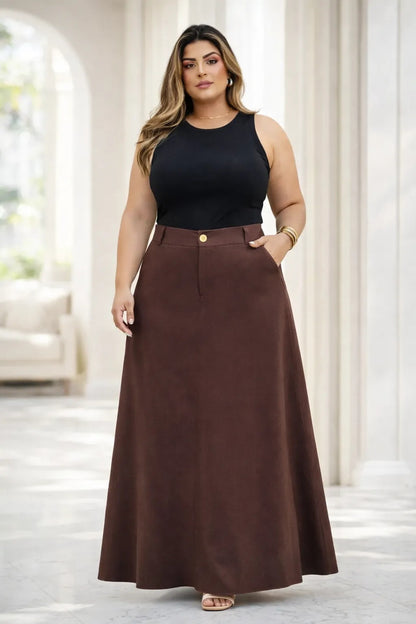 Saia Alfaiataria Plus Size Rodada Evasê Cós Alto Evangélica