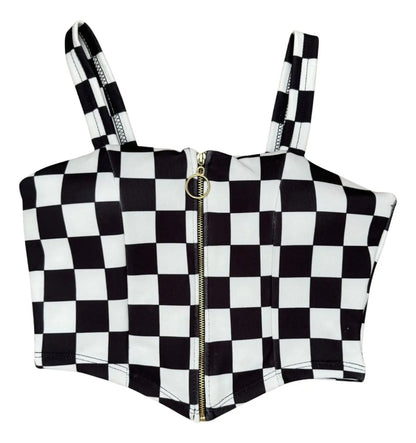 Cropped Zipper Corset Xadrez Balada Country Luxo Premium