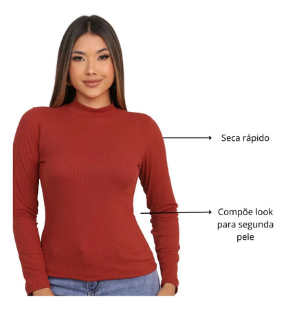 Blusa Feminina Canelada Gola Alta Manga Comprida Cacharrel