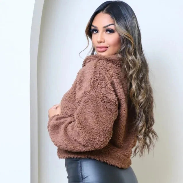 Casaco Teddy Curto Blusa Frio Pelo Feminino Cropped Pelinho