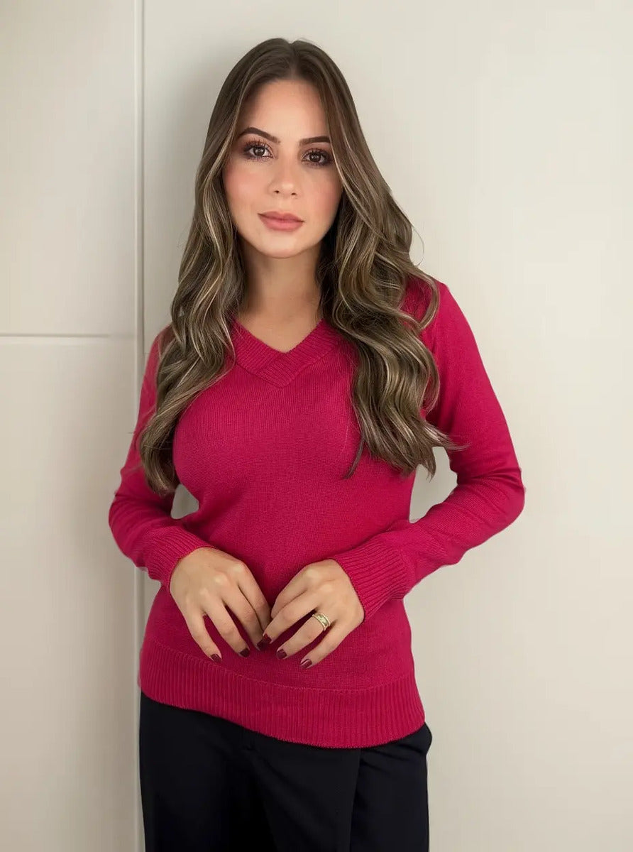 Blusa Trico Basica De Frio Feminina Decote V Manga Longa