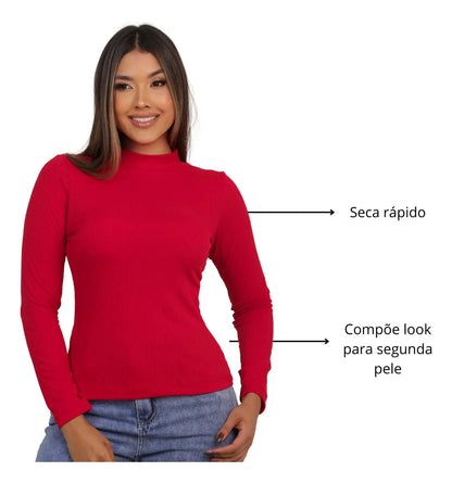 Blusa Feminina Canelada Gola Alta Manga Comprida Cacharrel