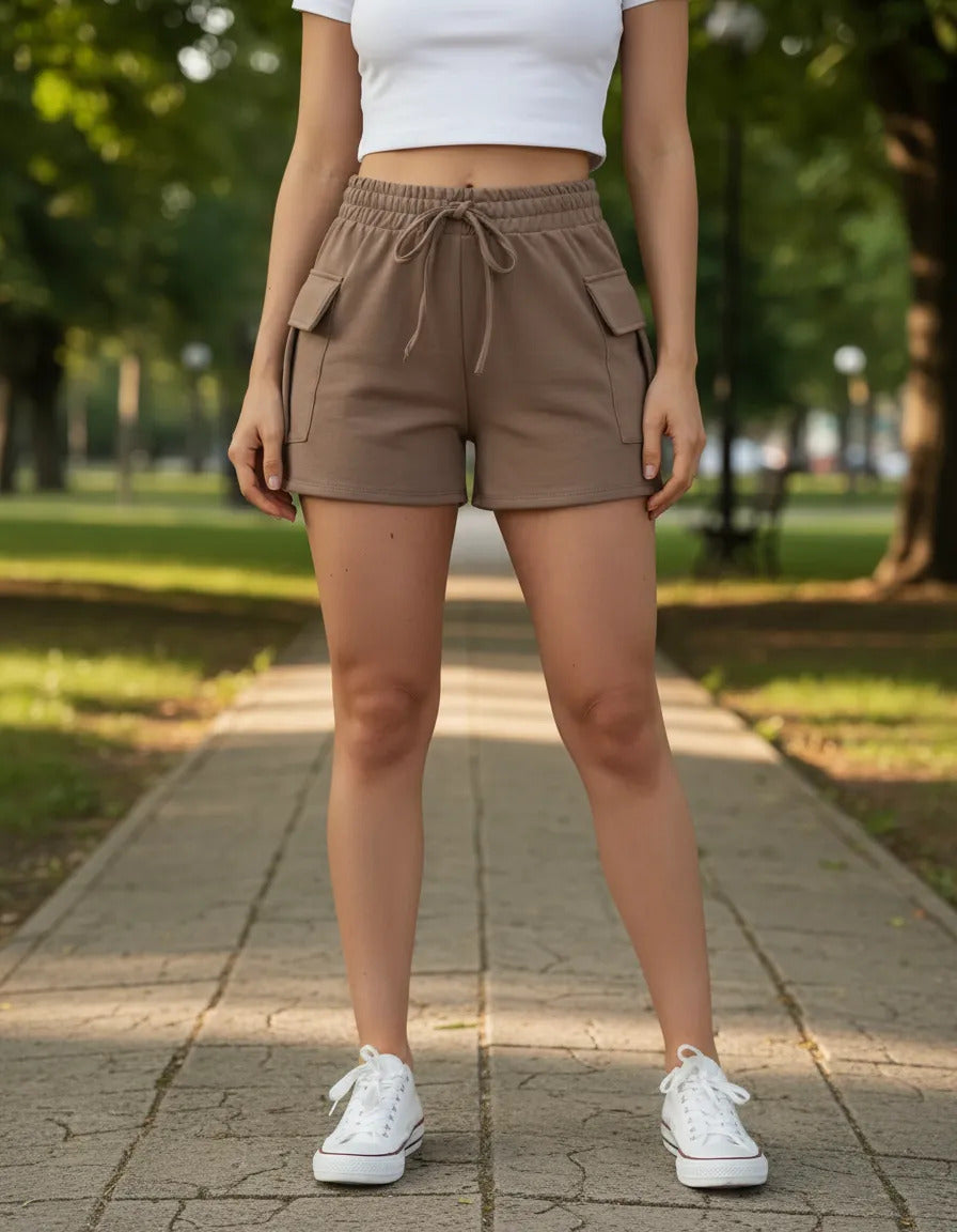 Shorts Cargo Moletom Feminino Com Bolso Lateral Moletinho