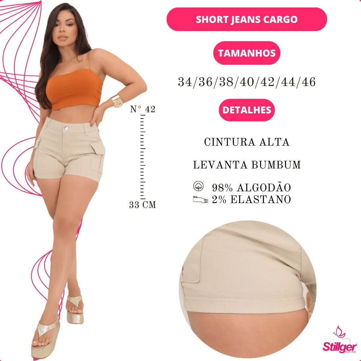 Short Jeans Feminino Shorts Cargo Com Lycra Cintura Alta