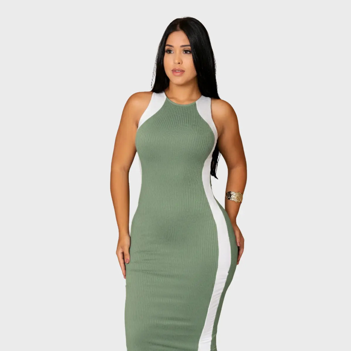 Vestido Canelado Midi Faixas Regata Casual Básico Modelador