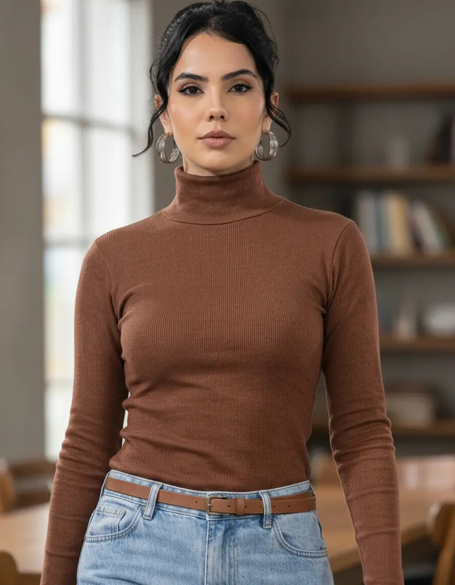 Blusa De Frio Feminina Manga Longa Gola Alta Inverno Lisa