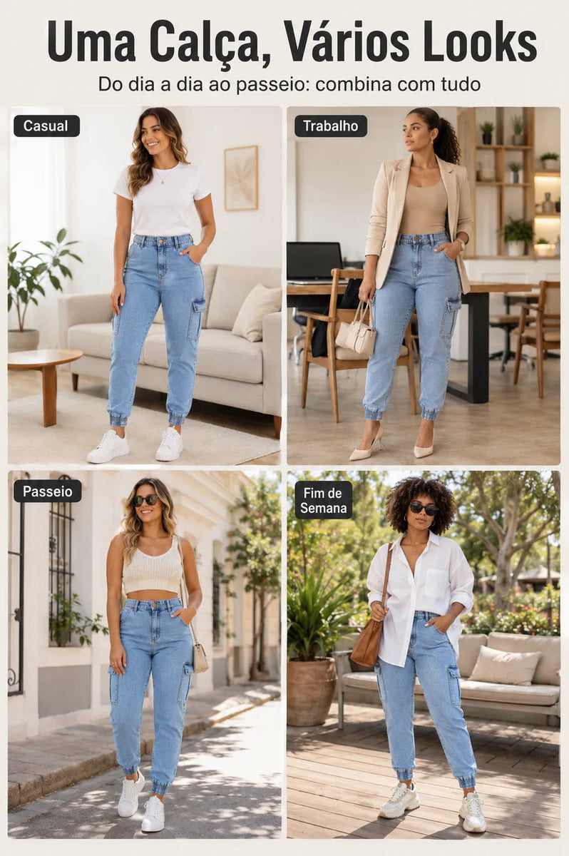 Calça Cargo Jogger Jeans Feminina Cintura Alta Com Lycra