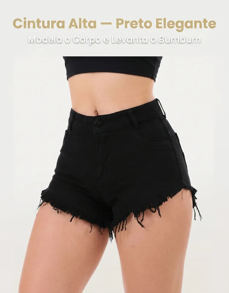 Short Jeans Feminino Cintura Alta Com Lycra Barra Desfiada
