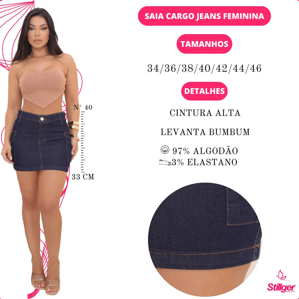 Saia Cargo Feminina Cintura Alta Com Lycra Levanta Bumbum