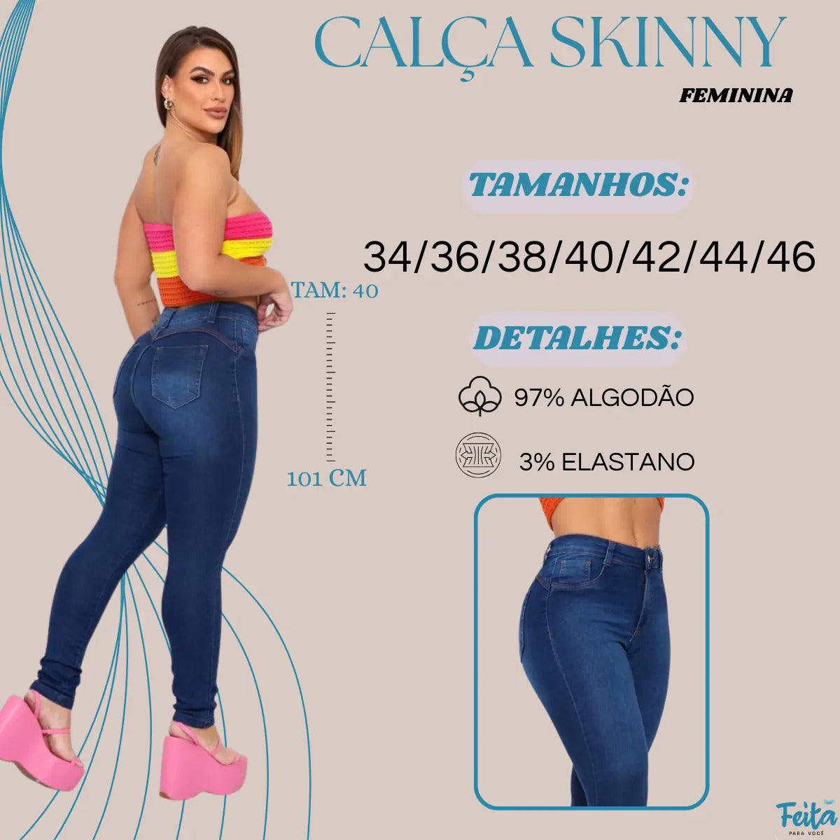Calça Preta Jeans Feminina Com Elastano Cintura Alta Skinny