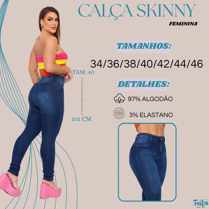 Calça Preta Jeans Feminina Com Elastano Cintura Alta Skinny