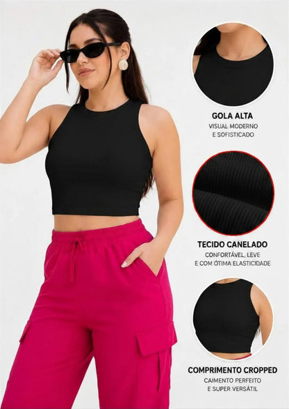 Kit 3 Peças Regata Cropped Feminina Básica Canelada