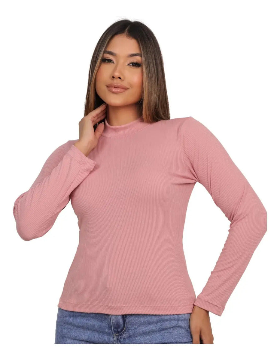 Blusa Feminina Canelada Gola Alta Manga Comprida Cacharrel