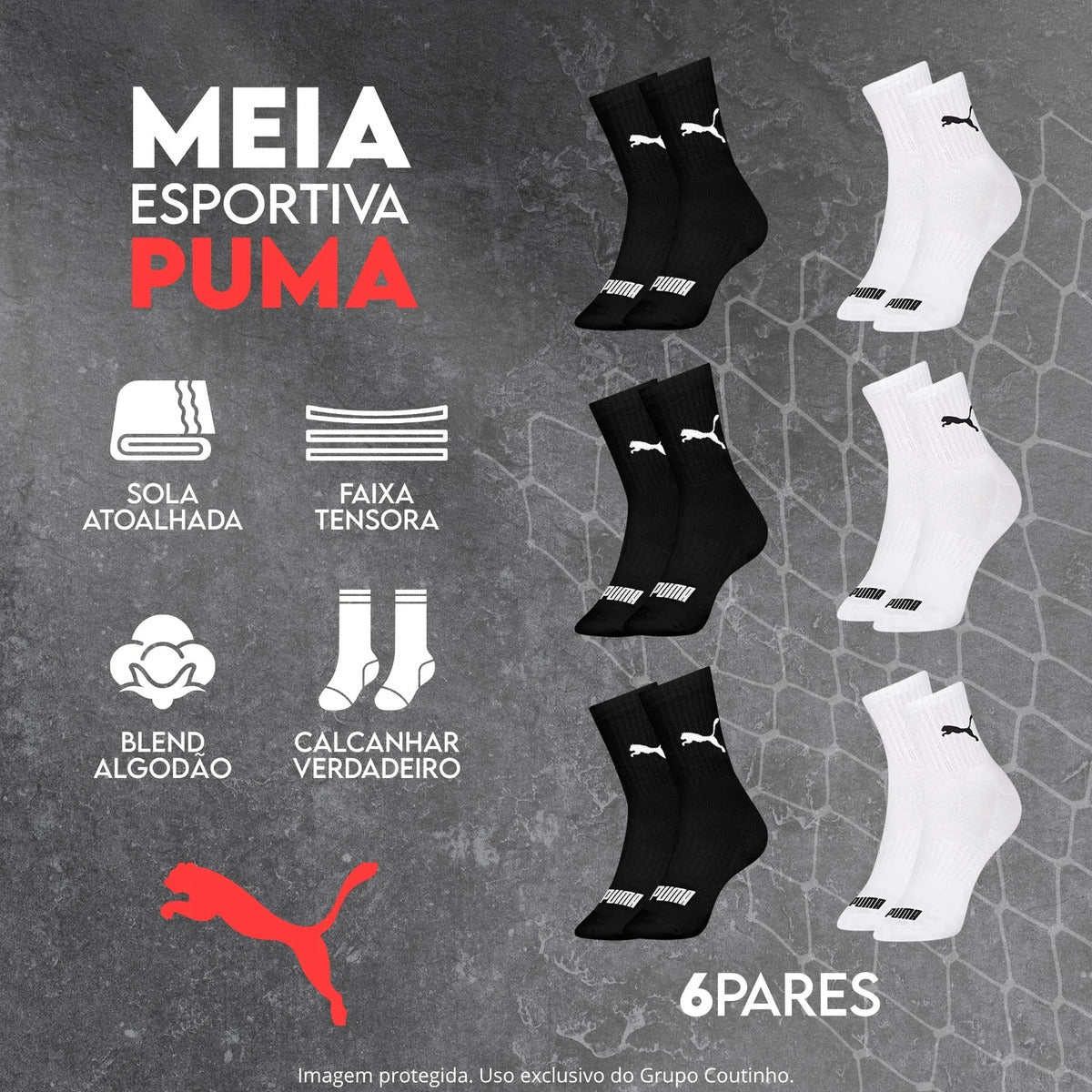 6 Pares Meias Puma Cano Médio Alto Atoalhada Academia Sport