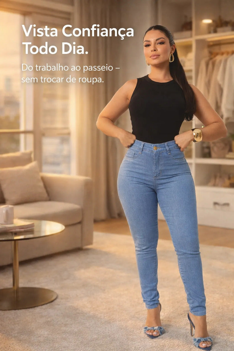 Calça Jeans Feminina Preta Skiny Cintura Alta Levanta Bumbum