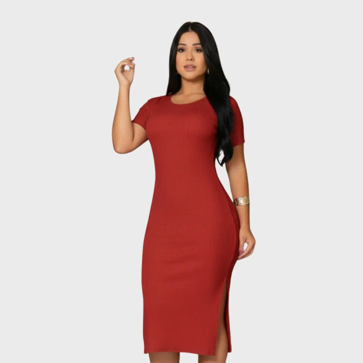 Vestido Canelado Midi Com Manga e Fenda Lateral Casual Básico
