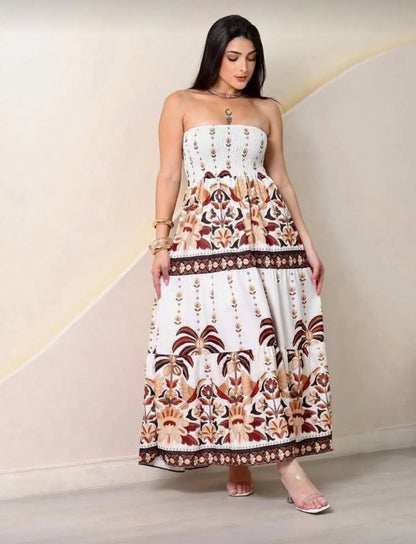 Lightweight Elastic Floral Strapless Long Dress Summer Fashion