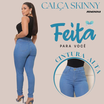 Calça Preta Jeans Feminina Com Elastano Cintura Alta Skinny