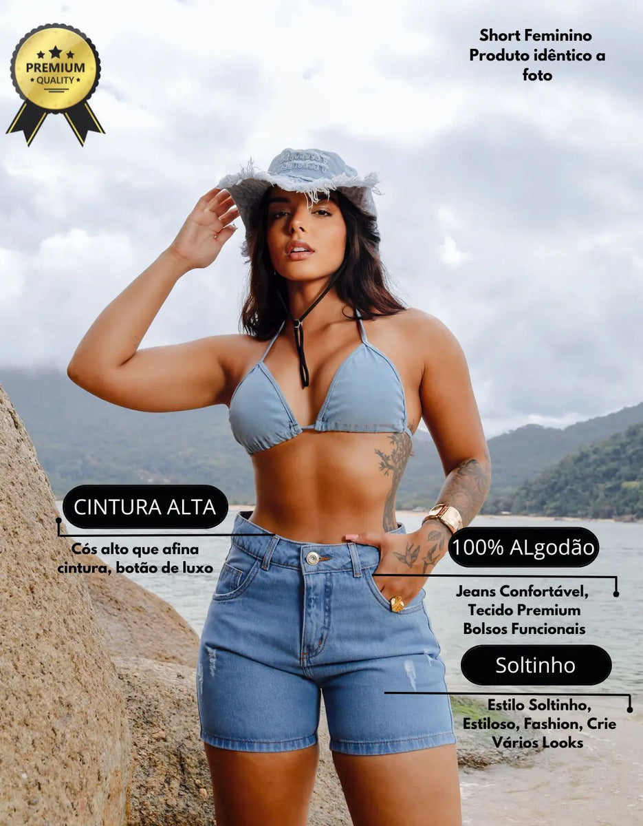 Bermuda Feminina Meia Coxa Jeans Cintura Alta Empina Bumbum