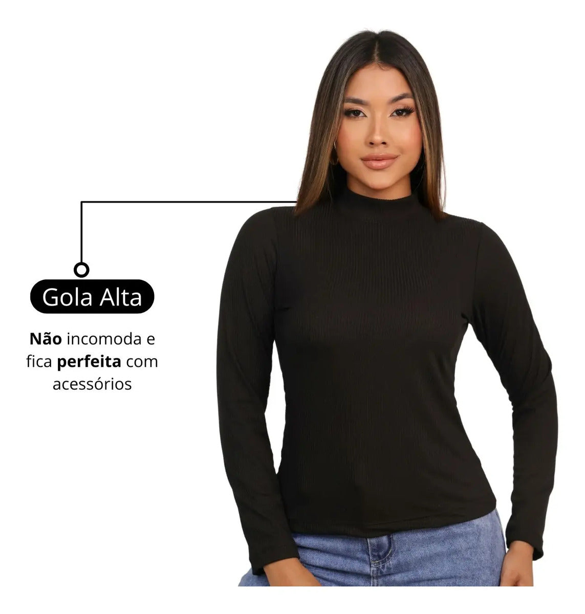 Blusa Feminina Canelada Gola Alta Manga Comprida Cacharrel