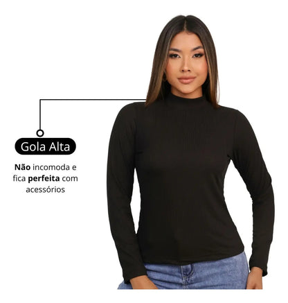 Blusa Feminina Canelada Gola Alta Manga Comprida Cacharrel