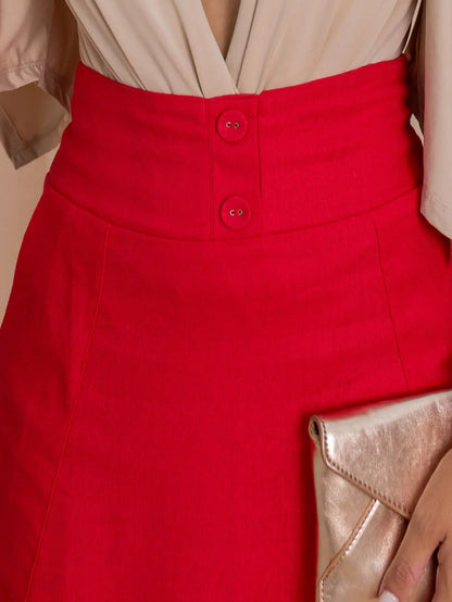 Saia Midi De Linho Elegante Com Botões Encapados
