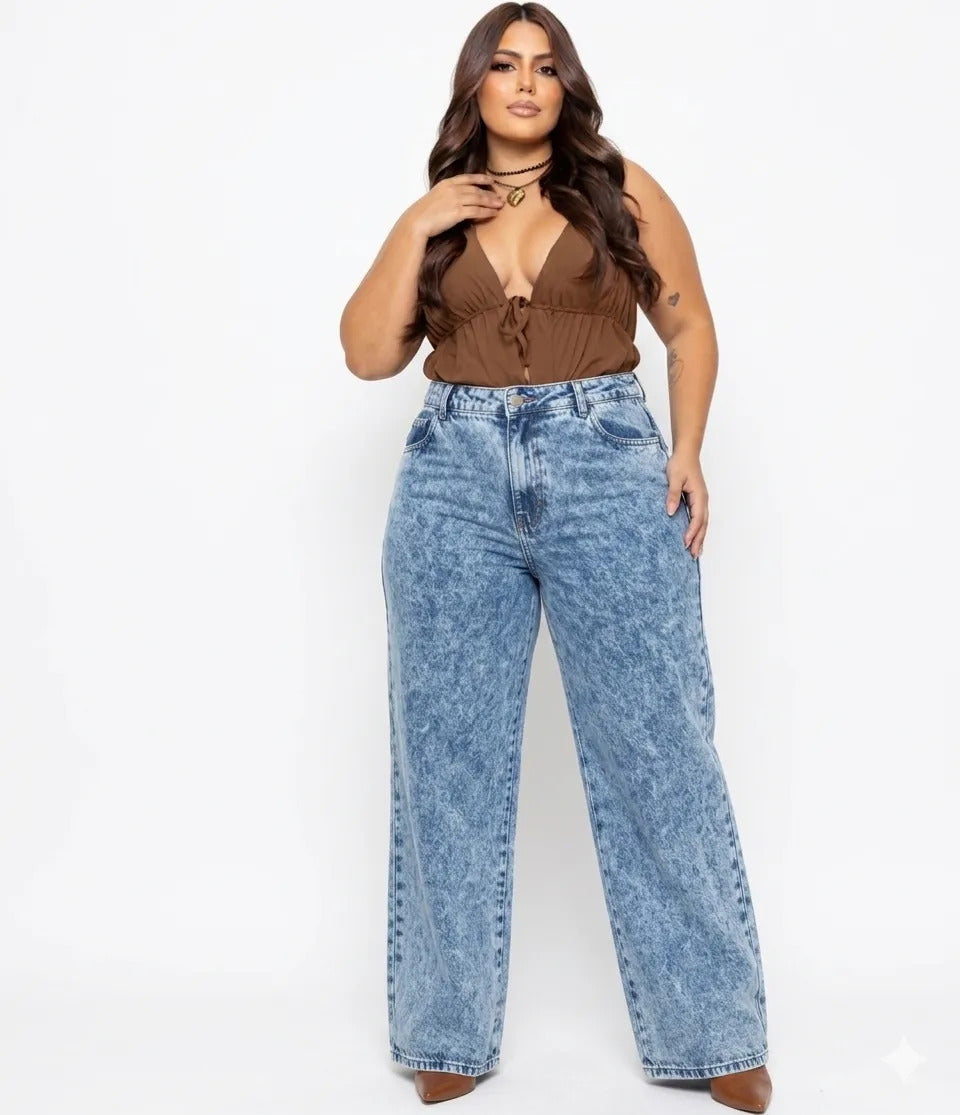 Calça Plus Size Jeans Feminina Wide Leg Levanta Bumbum